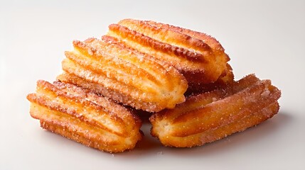 Wall Mural - Churros: Deep-fried dough sticks coated in cinnamon sugar, arranged on a solid background. Captured in high resolution (8k) with sharp focus, emphasizing the golden brown exterior, crispy texture,