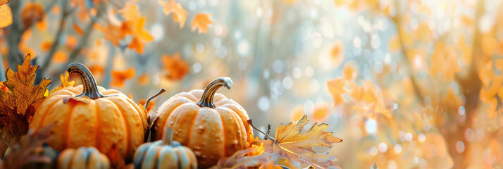 Wall Mural - Autumn scene with pumpkins and colorful leaves. Thanksgiving banner with warm seasonal colors.