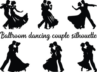 Ballroom Party Dance Couple Silhouettes, Silhouettes of the pairs dancing ballroom dances. couple man woman ballroom dancers tangoing silhouette. Young couples silhouette dancing on white background.