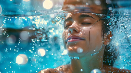 Poster - A happy woman is leisurely swimming underwater with her eyes closed in a pool with electric blue water, enjoying the recreation and fun amidst the skyscrapers on a travel getaway