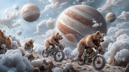 Wall Mural - three bears riding bicycles in space