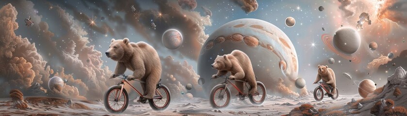 Wall Mural - Three bears riding bicycles on a planet