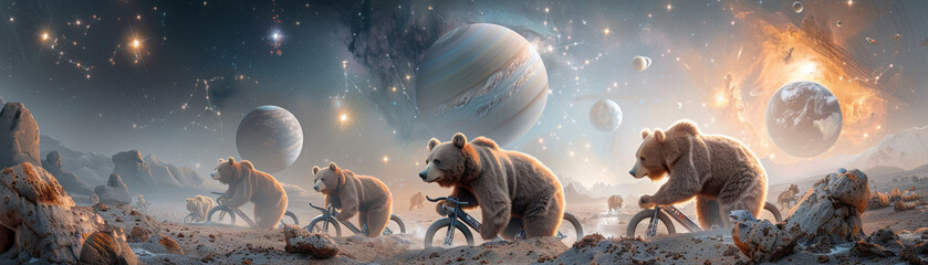 Canvas Print - A group of bears are riding bicycles in space