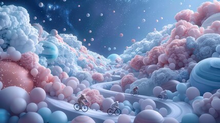 Wall Mural - A colorful, abstract painting of a road with three people riding bikes