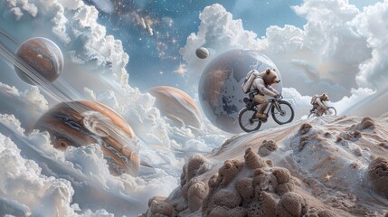 Wall Mural - A man and a bear are riding bicycles on a mountain