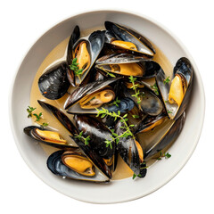 Delicious steamed mussels in a white bowl garnished with fresh herbs, showcasing a gourmet seafood dish perfect for culinary presentations.