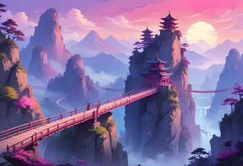 amine painting, A fantasy landscape with a suspension bridge connecting two towering cliffs. In the background, there are mountains shrouded in mist and a pagoda-style structure on a rocky outcrop. 