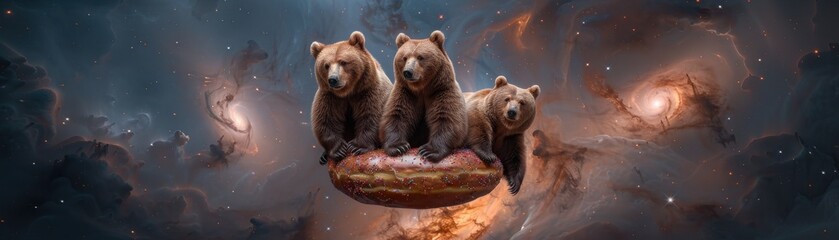 Wall Mural - Three bears are sitting on a donut in space