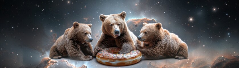 Wall Mural - Three bears are sitting on a doughnut in space