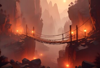 Wall Mural - Isolated wood and ropes bridges in the mist between rocks in the mountais, magic aura and lamps around, manga illustration, digital art, wallpaper, fantasy, ambient, breathtaking, calm, art, artwork