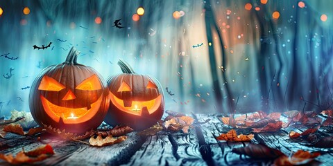 Halloween Pumpkins On Wood In A Spooky Forest At Night - generative ai