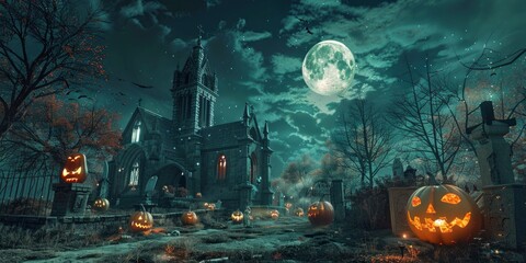 Wall Mural - Halloween Scene - Party Of Pumpkins And Zombies In Graveyard At Moonlight - Contain Moon 3D Rendering - Unrecognizable, Deformed And Church with Reassembled Parts - generative ai