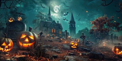 Wall Mural - Halloween Scene - Party Of Pumpkins And Zombies In Graveyard At Moonlight - Contain Moon 3D Rendering - Unrecognizable, Deformed And Church with Reassembled Parts - generative ai