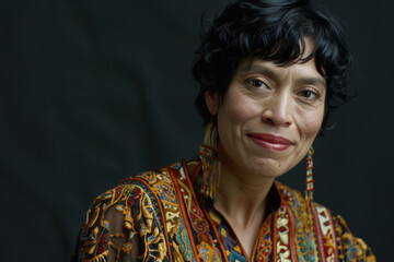 Wall Mural - Close-up portrait of a middle aged woman of Latin descent, studio photo, against a sleek gray studio backdrop