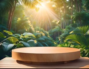 Wall Mural -  Wooden product display podium set against a lush jungle background. Sunlight filters throug_1(305)