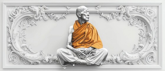 Create a coloring book page of a serene monk with lots of copy space