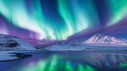 aurora borealis, arctic sky northern lights illuminate sky above snow and ice landscape glaciers