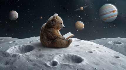 Wall Mural - A bear is sitting on a moon with a book in its paws