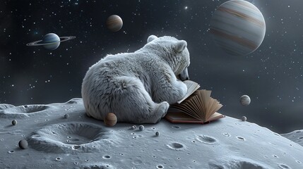 Wall Mural - A polar bear is laying on a moon-like surface, reading a book