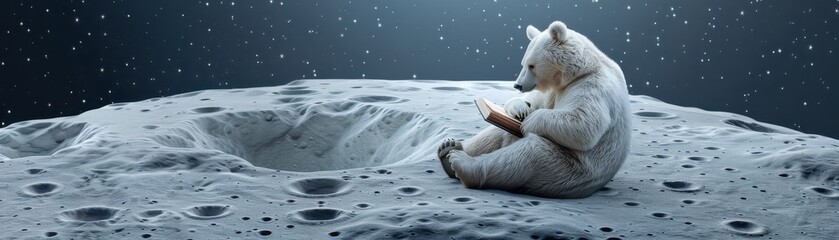 Poster - A bear is sitting on a snowy surface and reading a book