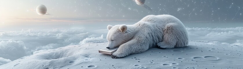 Wall Mural - A bear is laying on a snowy hill with a book in its mouth