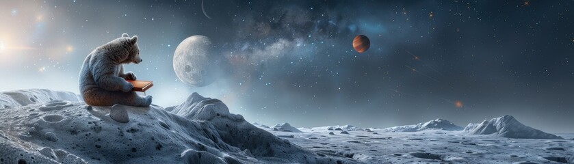 Wall Mural - a bear is sitting on a snowy mountain and looking at the sky