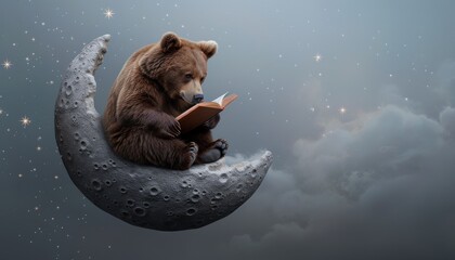 Wall Mural - a bear is reading a book on a moon