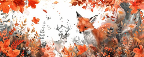 Whimsical autumn forest scene with a fox and a deer surrounded by vibrant foliage.