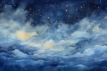watercolor background night sky with stars and clouds, space for text, dark blue and gold