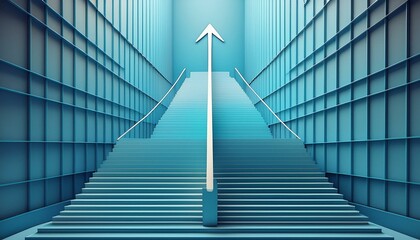 Wall Mural - A blue staircase with a white arrow pointing upwards 