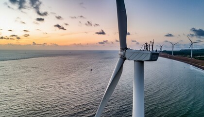 Wall Mural - Aerial view of a wind turbine overlooking a serene ocean at sunset, capturing renewable energy and the beauty of nature. 