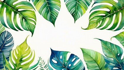 Poster - Beautiful watercolor tropical leaves painted on white paper 