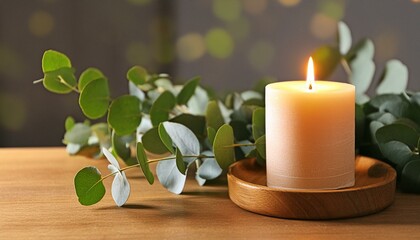 Poster - Burning aromatic candle and eucalyptus branch on table 