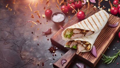 Wall Mural - fresh grilled beef turkish or chicken arabic shawarma doner sandwich with flying ingredients and spices hot ready to serve and eat food commercial advertisement menu banner