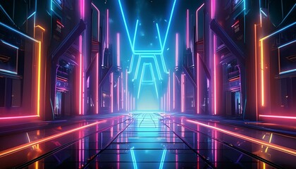 Poster - Futuristic neon lights reflecting in dark wet urban environment creating geometric shapes, high-tech sci-fi design concept. 