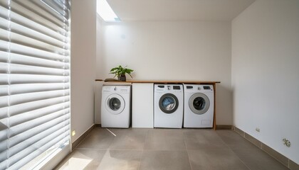 Poster - Laundry room interior with washing machine near wall 