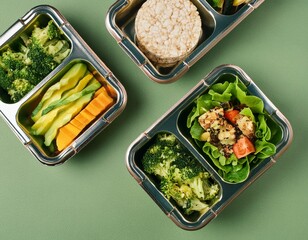 Wall Mural - Lunchboxes on color table, flat lay. Healthy food delivery 