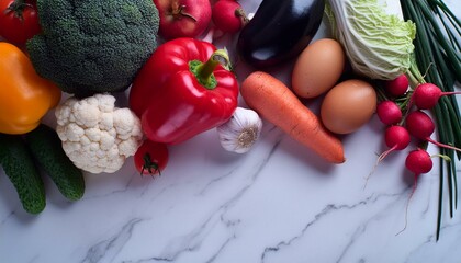 Source of protein for vegetarians. Different fresh vegetables, fruits and herbs on white marble table, space for text 