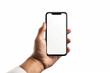 © Hasanka - cellphone Mobile phone Held in Hand Mockup on white background, blank, empty, Hand business man holding mobile smartphone with blank screen with space for inserting advertising text. isolated on white