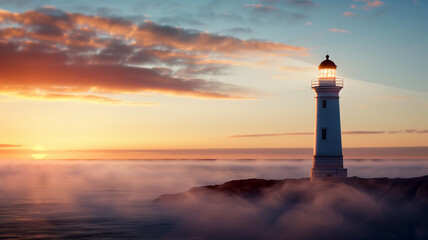 a lighthouse stands tall on the coastline as the sun sets, casting a serene glow over the misty ocea