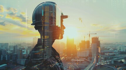 Wall Mural - Double exposure image of man engineer and city architecture, construction