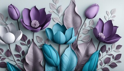 Poster - spring tulips and leaves purple blue and gray colors abstract botanical composition