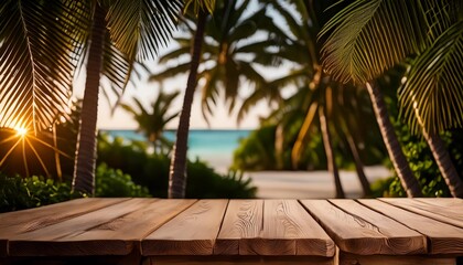 Wall Mural - empty wooden planks table for product placement on blur tropical palm beach background