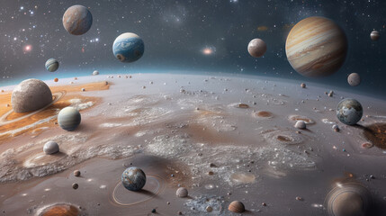 Wall Mural - a painting of the solar system with many planets, including jupiter