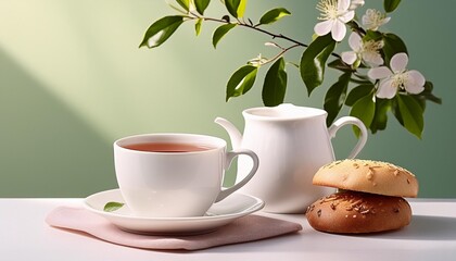 Wall Mural - white cup of coffee and tea on table empty pastel background light and shadow free space for comments and messages