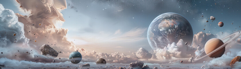 Wall Mural - a space scene with a large planet in the middle