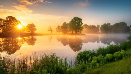 Canvas Print - foggy sunrise over a small lake klaipeda lithuania