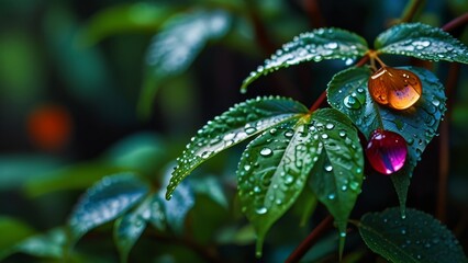 Wall Mural - Raindrops on Vibrant Leaves