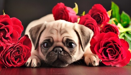 Poster - pug puppy and flower roses