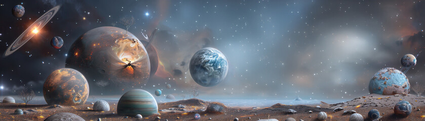 Wall Mural - a space scene with a large planet in the center